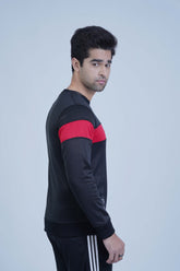 Upgrade your style with this trendy black sweatshirt for men! The modern red and white color block design is sure to inspire you daily. -  Color Block Sweatshirt Black - Xea Clothing